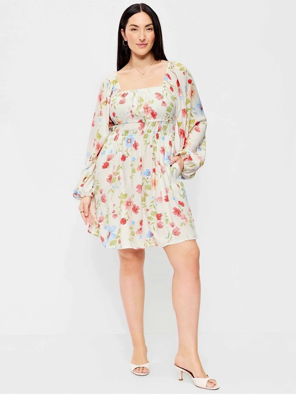 Old Navy Long-Sleeve Crepe Mini Dress in White Floral Easter Spring Dress